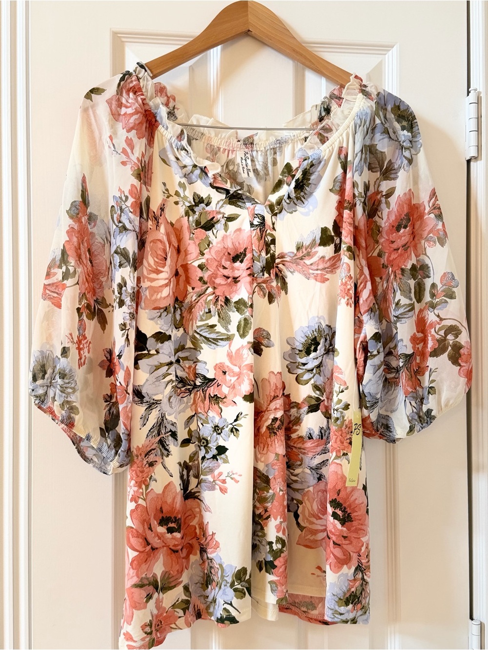 Perseption Cream Floral Tunic with Pink & Blue Blooms